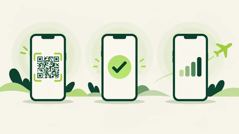 ثلاثة هواتف: مسح رمز QR، ثم تثبيت eSIM، ثم إشارة كاملة عند الهبوط